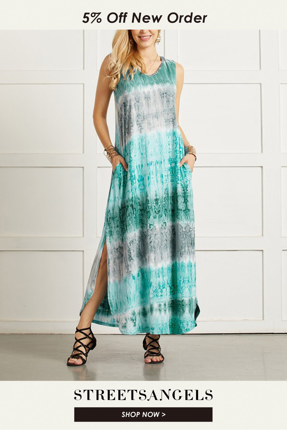 Tie Dye Front Pouch Sleeveless Midi Dress
