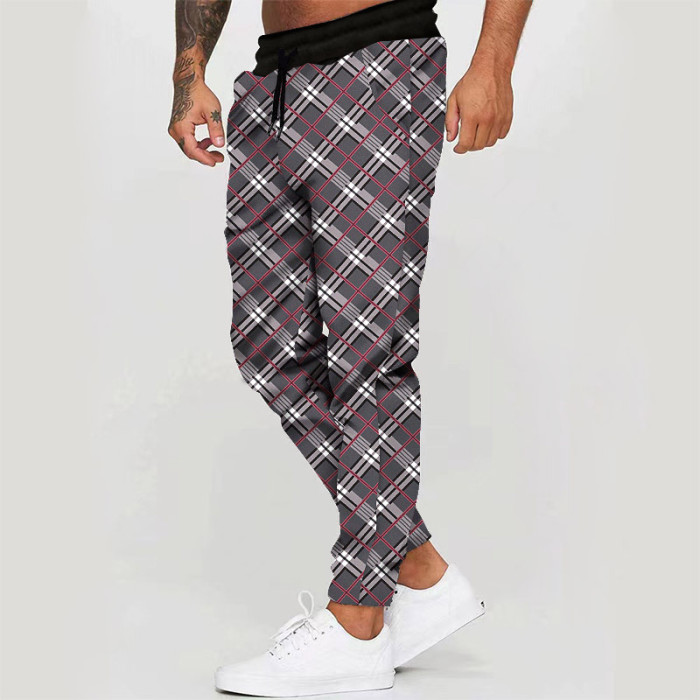 Men Fashion Striped Plaid Printed Pencil Pants