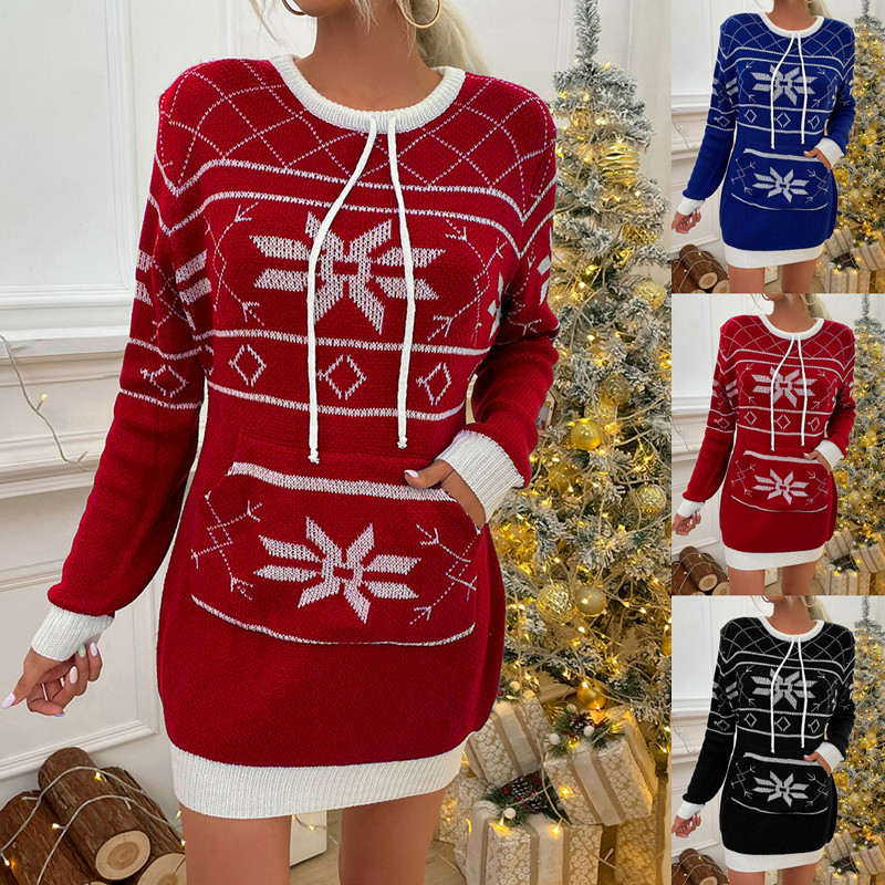 Christmas Fashion Long Sleeve Elegant Vintage Pocket Party Sweater Dress