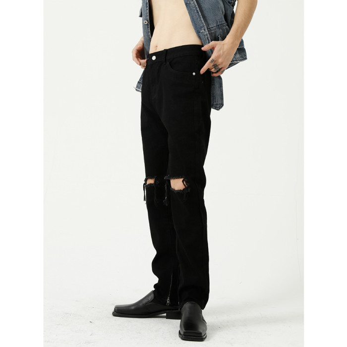 Black Slim Ripped Zipper Fashion Ripped Jeans for Men