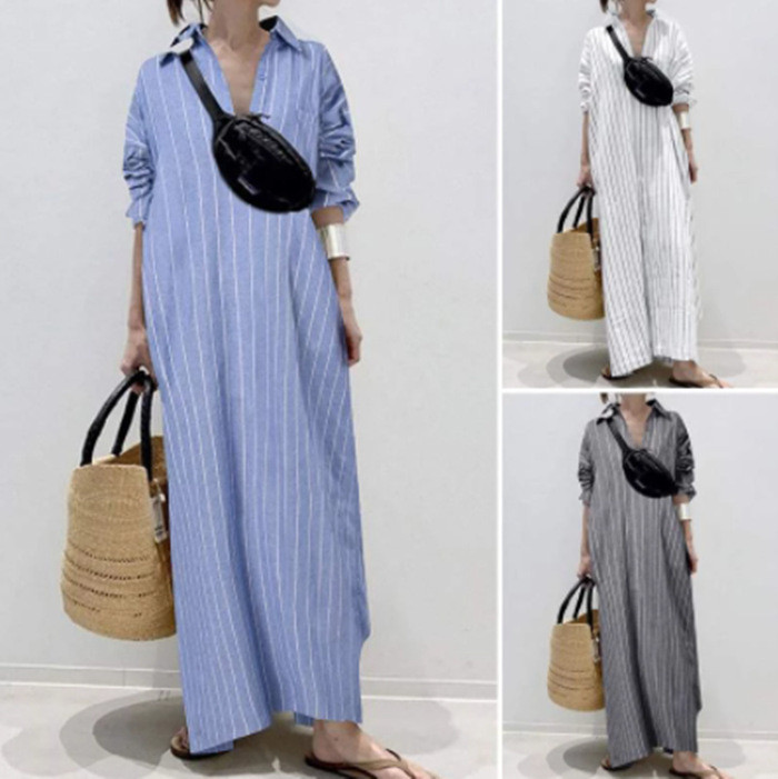 Fashion Collage Cotton Long Sleeve Solid Color Swing Lapel  Maxi Dress