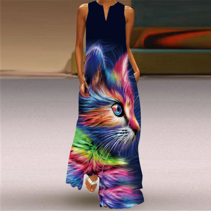 Women's Sleeveless V-neck Printed Maxi Dresses