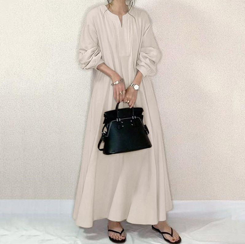 Fashion Solid Color Cotton Round Neck Loose Swing Dress