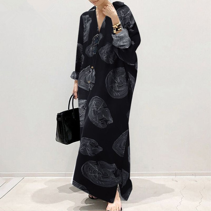 Fashion Cotton Long Sleeve Lapel Print Loose Irregular  Maxi Dress