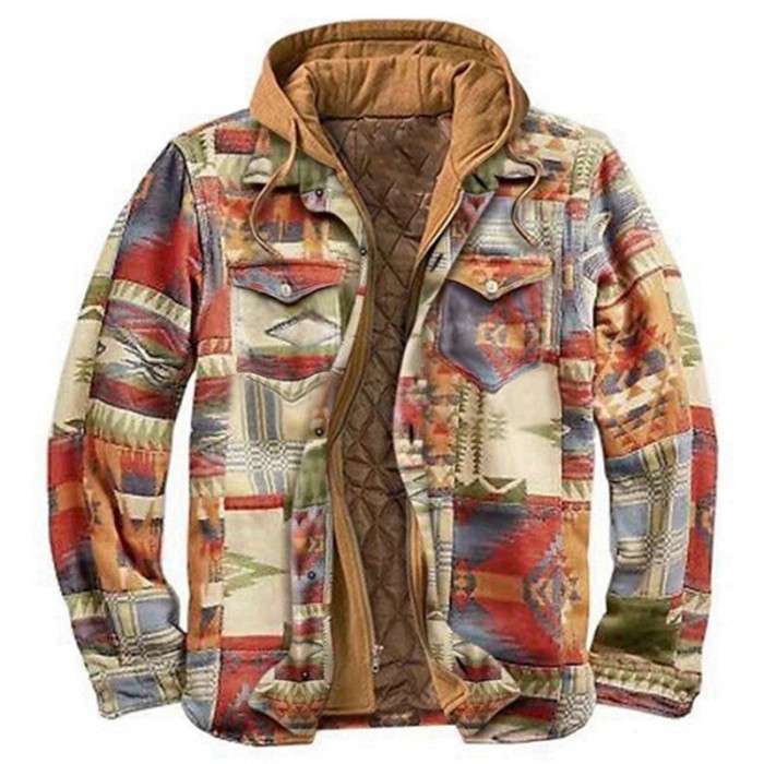 Men's Fashion Print Hooded Casual Thick Warm Zipper High Quality Cotton Coat
