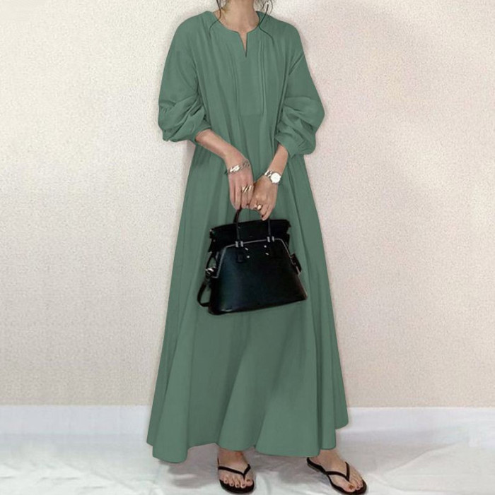 Fashion Solid Color Cotton Round Neck Loose Swing Dress