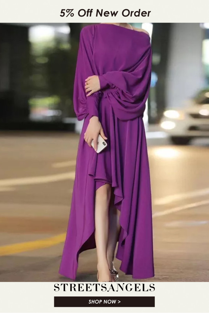 Women Elegant Long Sleeve Slash Neck Irregular Maxi Dress