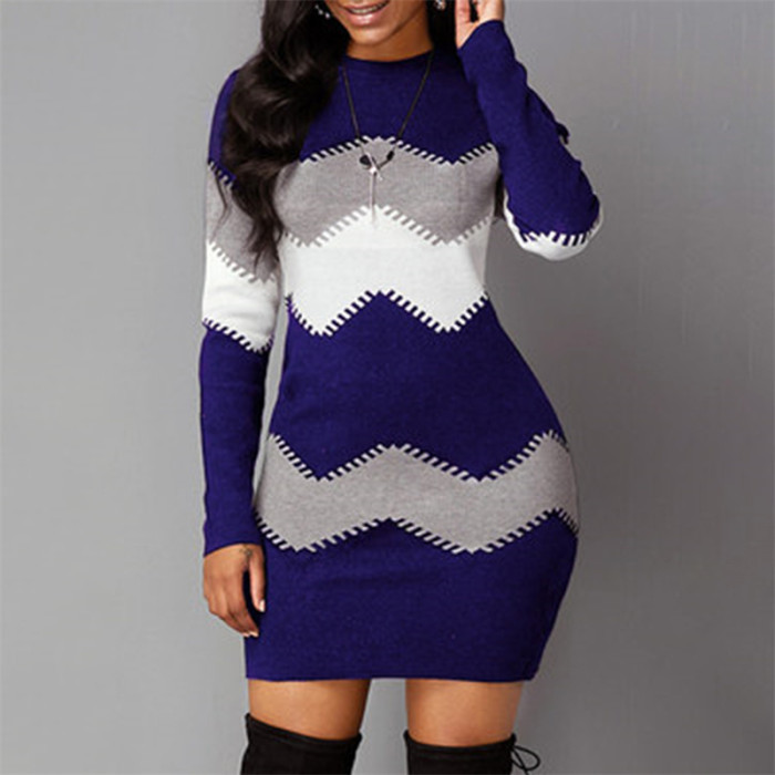 Fashion Knitted Multi-Color Striped Casual Sweater Dress