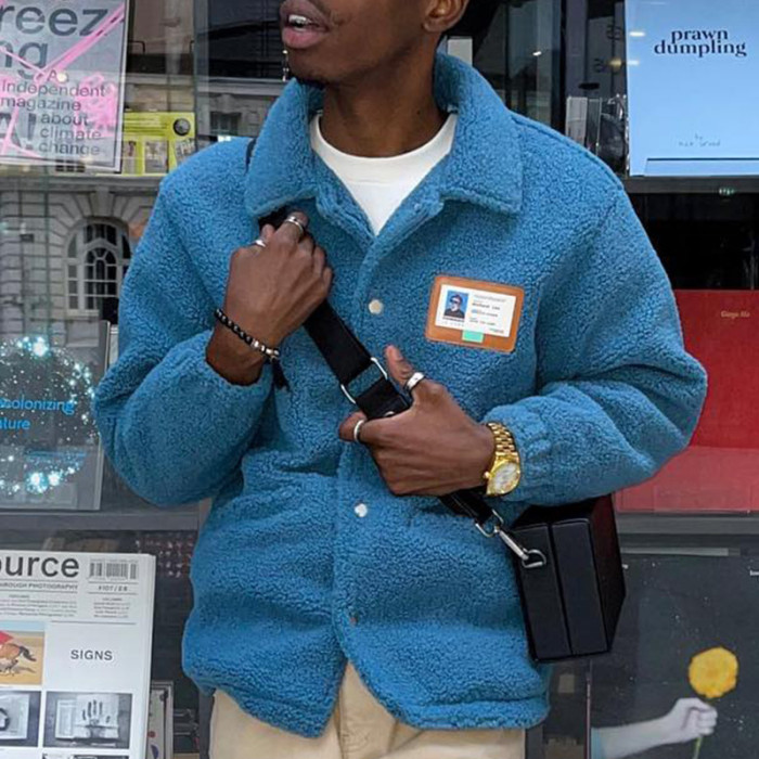 Men's Fashion Solid Color Warm Wool Button Lapel Fleece Jacket Coat