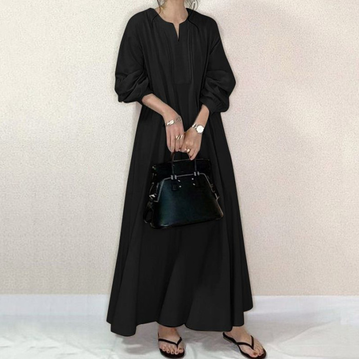 Fashion Solid Color Cotton Round Neck Loose Swing Dress
