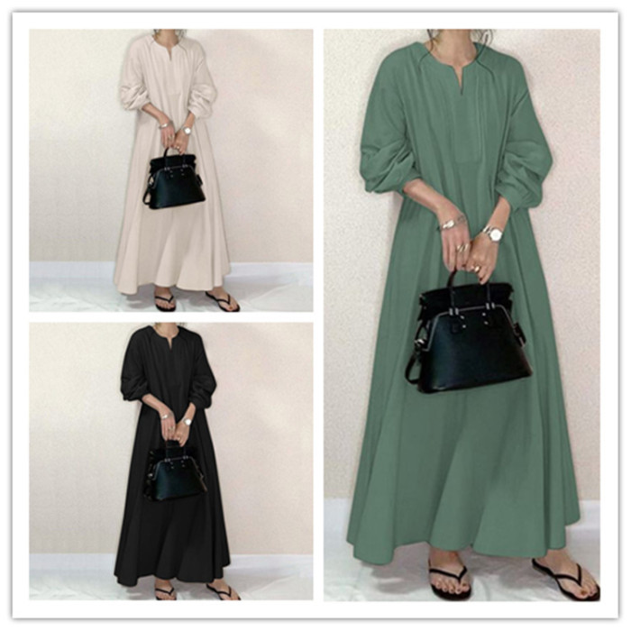 Fashion Solid Color Cotton Round Neck Loose Swing Dress