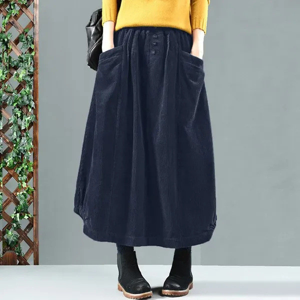 Women Vintage Elastic Waist A-line Corduroy Pleated Skirt