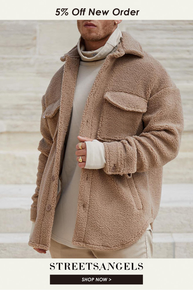Men's Fashion Solid Color Fleece Casual Lapel Button Wool Jacket Coat