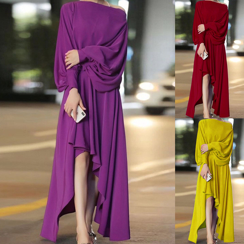 Women Elegant Long Sleeve Slash Neck Irregular Maxi Dress
