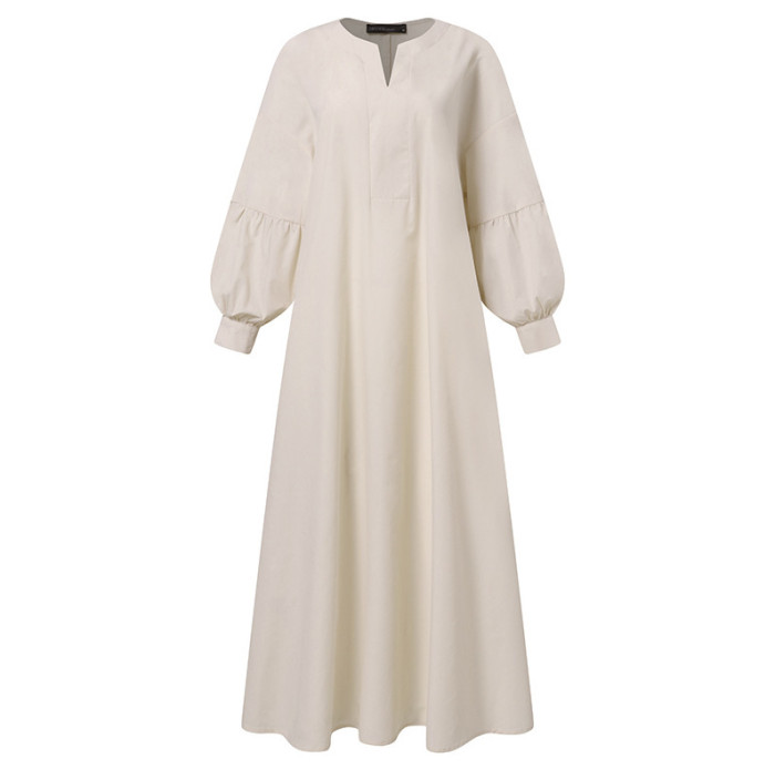 Fashion Solid Color Cotton Round Neck Loose Swing Dress