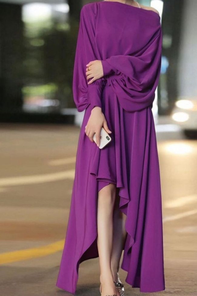 Women Elegant Long Sleeve Slash Neck Irregular Maxi Dress