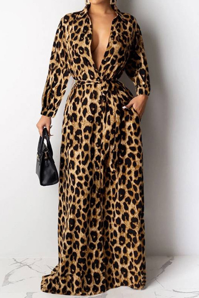 Elegant Leopard Print Fashion Bohemian Lapel Swing  Maxi Dress