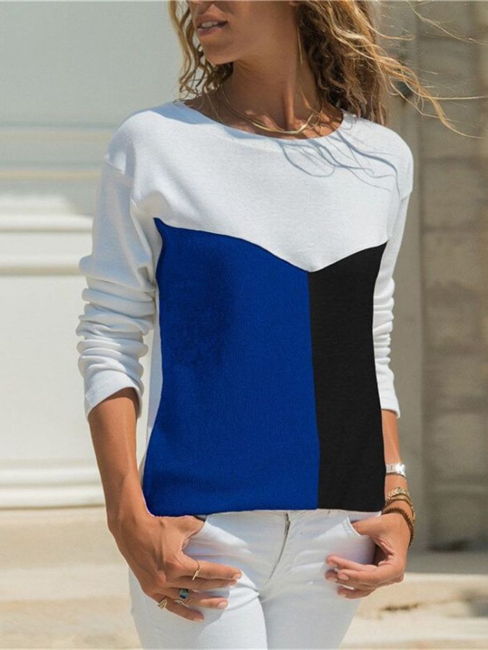 Women Color Contrast O-Neck Long Sleeve Sweatshirts