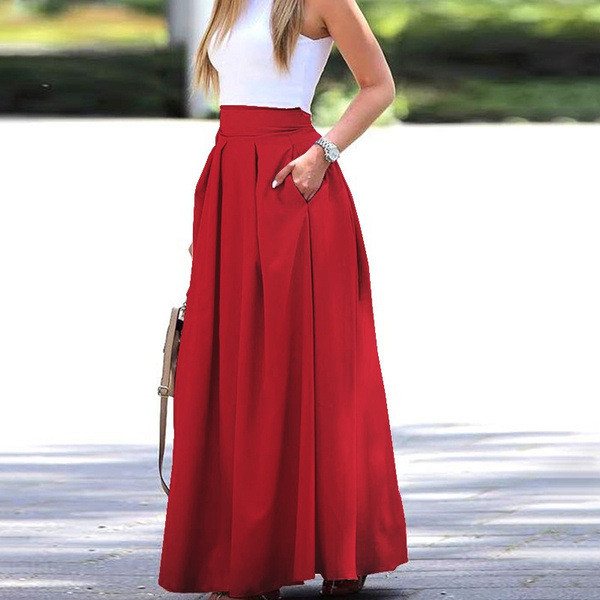 Women Elegant High Waist Pleated Maxi Skirts