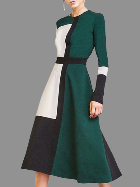Women Fashion Splice Long-sleeve A-line Maxi Dresses