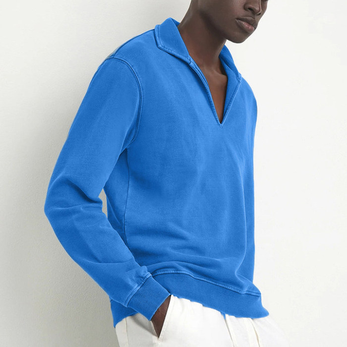 Fashion Solid Color Casual Loose V Neck Lapel Sweatshirt
