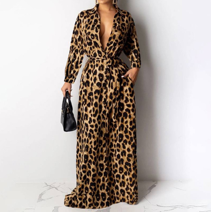 Elegant Leopard Print Fashion Bohemian Lapel Swing  Maxi Dress