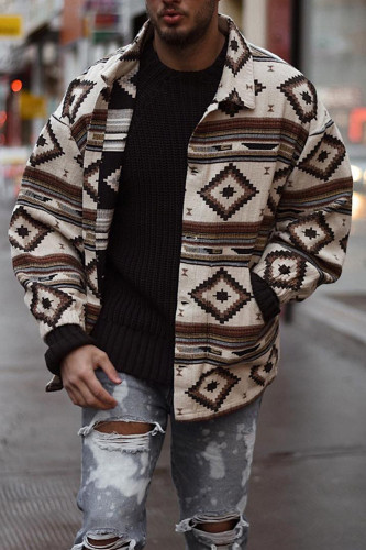 Fashion Print Geometric Pattern Long Sleeve Loose Casual Retro Jacket Men's Outerwear