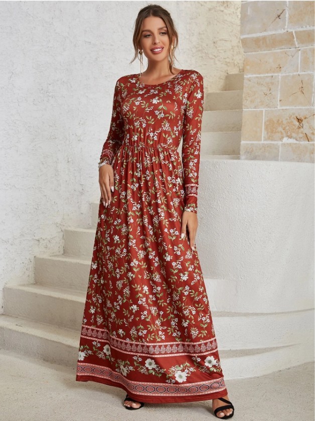 Fashion Long Sleeve Round Neck Loose Retro Floral Print Bohemian Casual  Maxi Dress