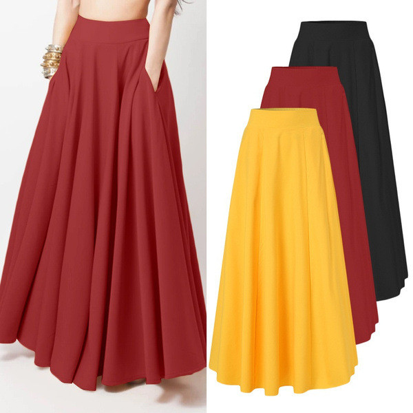 Women Elegant A-line High Waist Solid Skirts