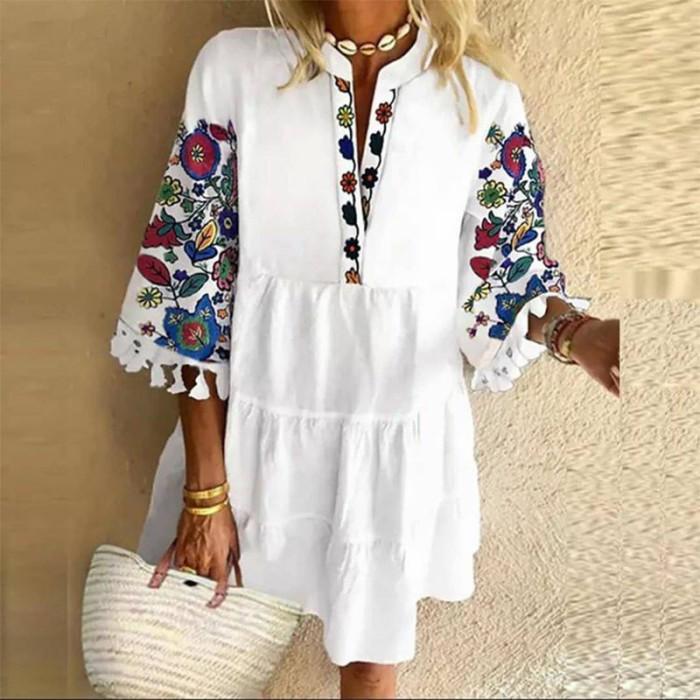 Vintage Floral Print V Neck Tassel Casual Dress