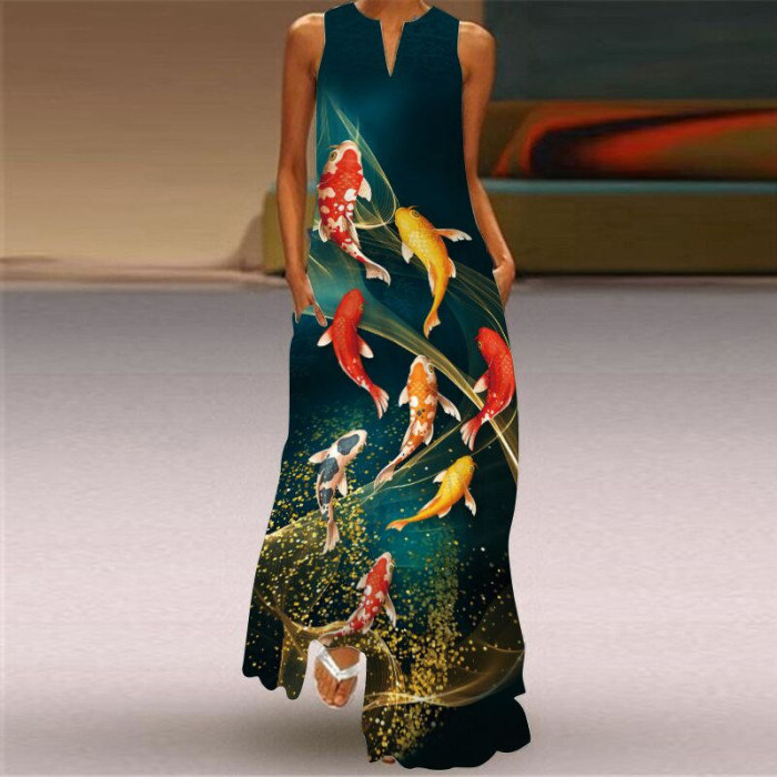 Women's Sleeveless V-neck Printed Maxi Dresses