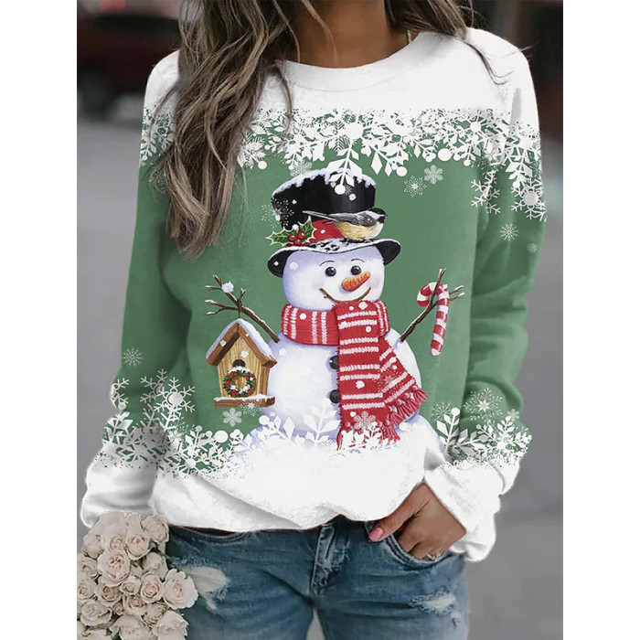 Women Christmas Snowman Print Round Neck Sweatshirts
