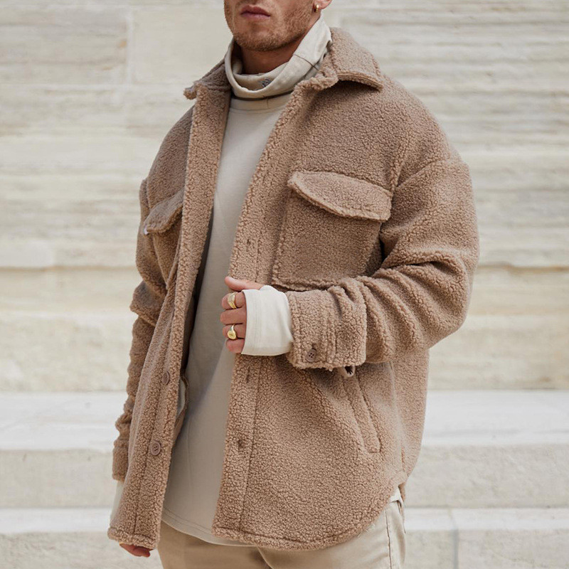 Men's Fashion Solid Color Fleece Casual Lapel Button Wool Jacket Coat