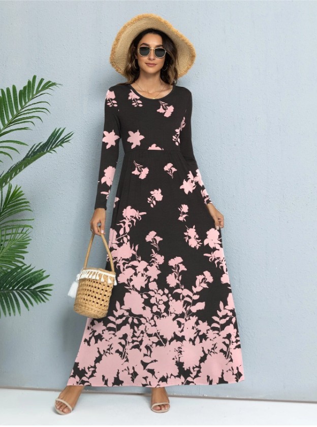 Fashion Long Sleeve Round Neck Loose Retro Floral Print Bohemian Casual  Maxi Dress