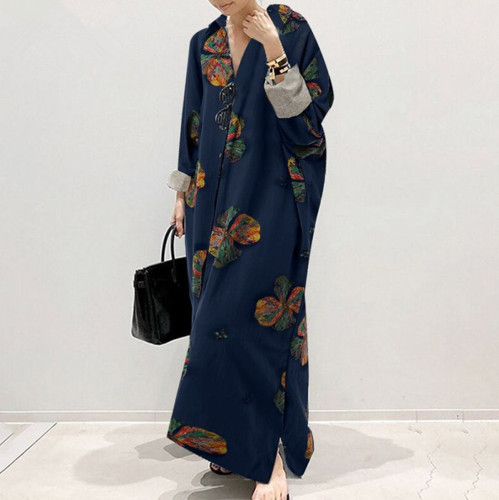 Fashion Print Loose V-neck Irregular  Maxi Dress