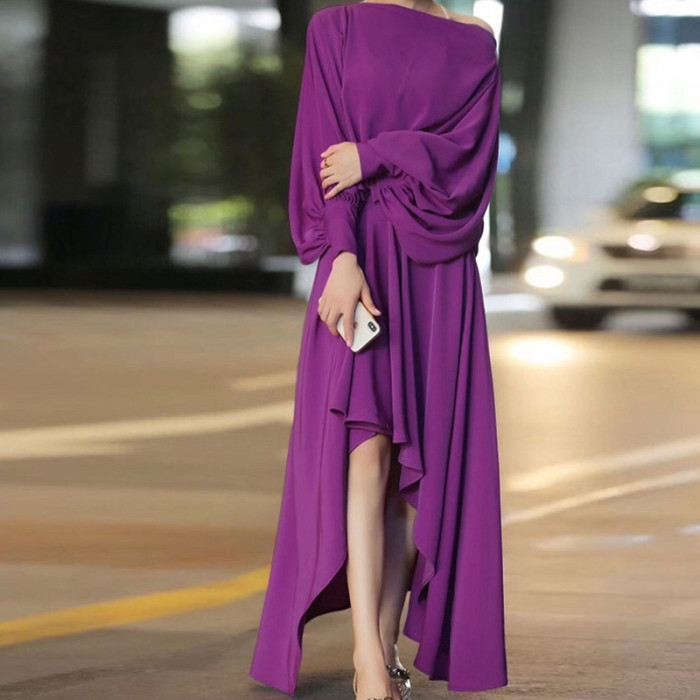 Women Elegant Long Sleeve Slash Neck Irregular Maxi Dress
