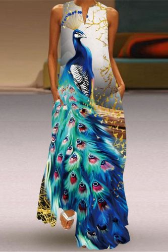 Women's Sleeveless V-neck Printed Maxi Dresses