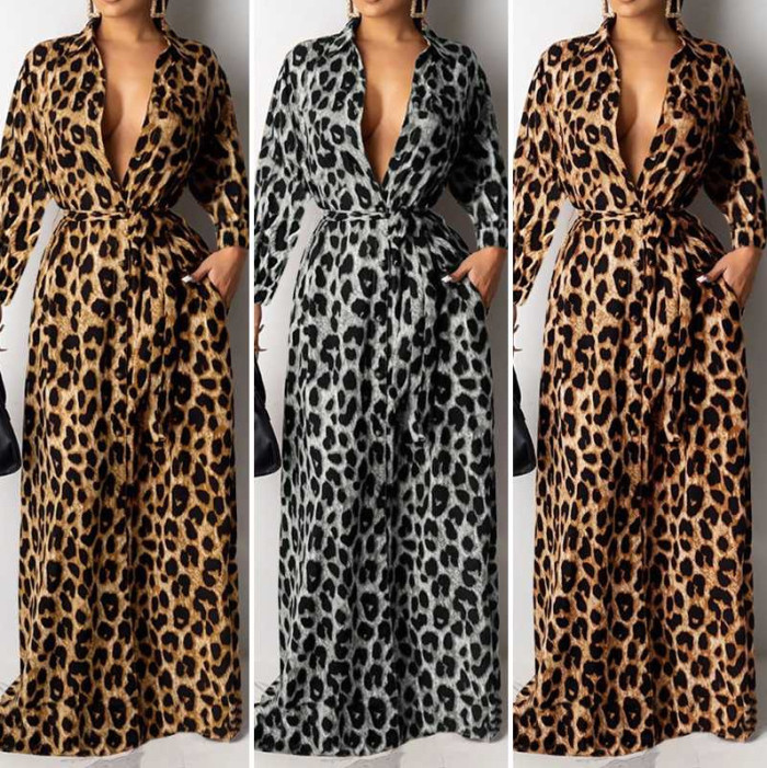 Elegant Leopard Print Fashion Bohemian Lapel Swing  Maxi Dress