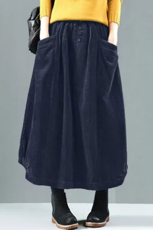 Women Vintage Elastic Waist A-line Corduroy Pleated Skirt