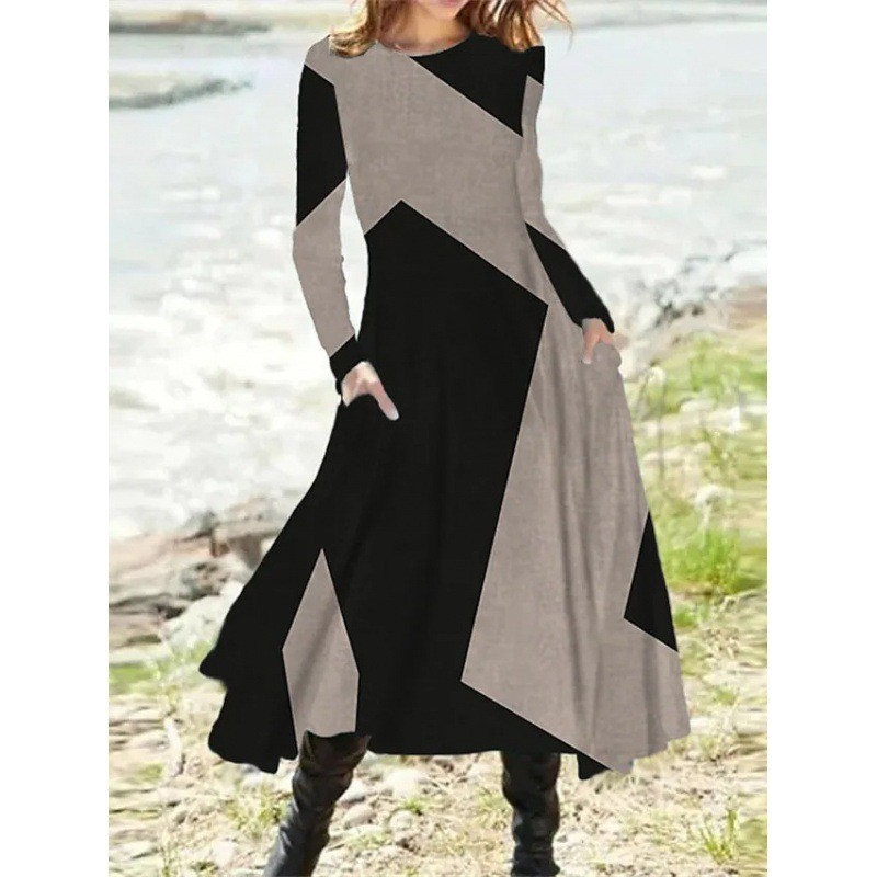 Women Graphics Print Long Sleeves O-neck Loose Maxi Dress