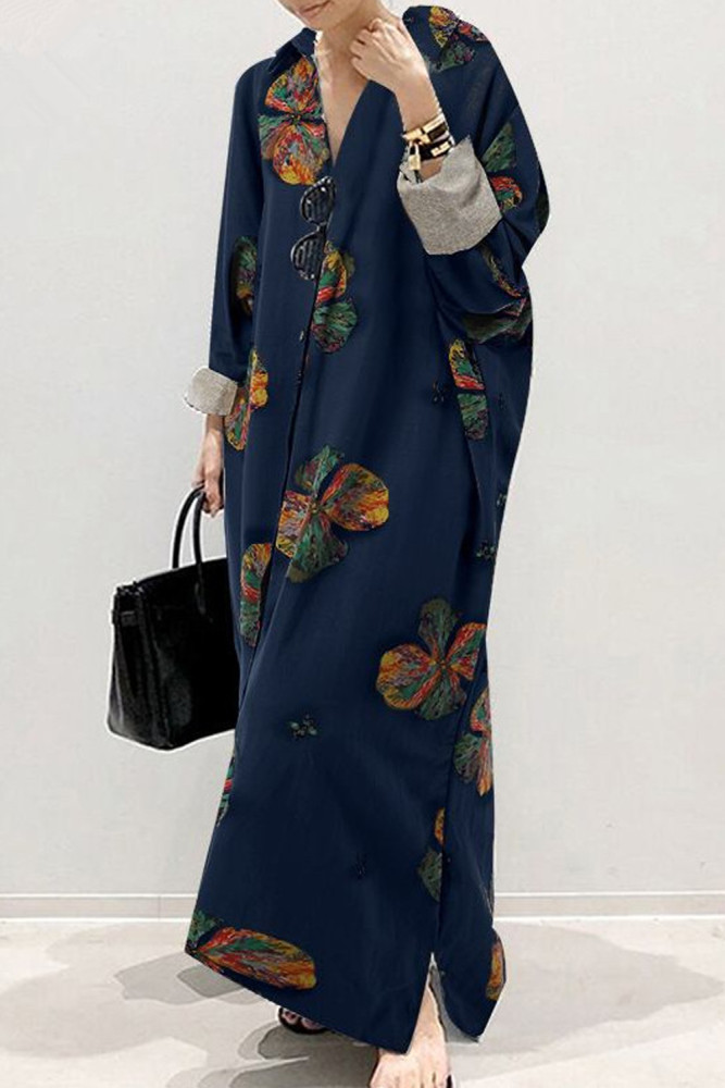 Fashion Print Loose V-neck Irregular  Maxi Dress