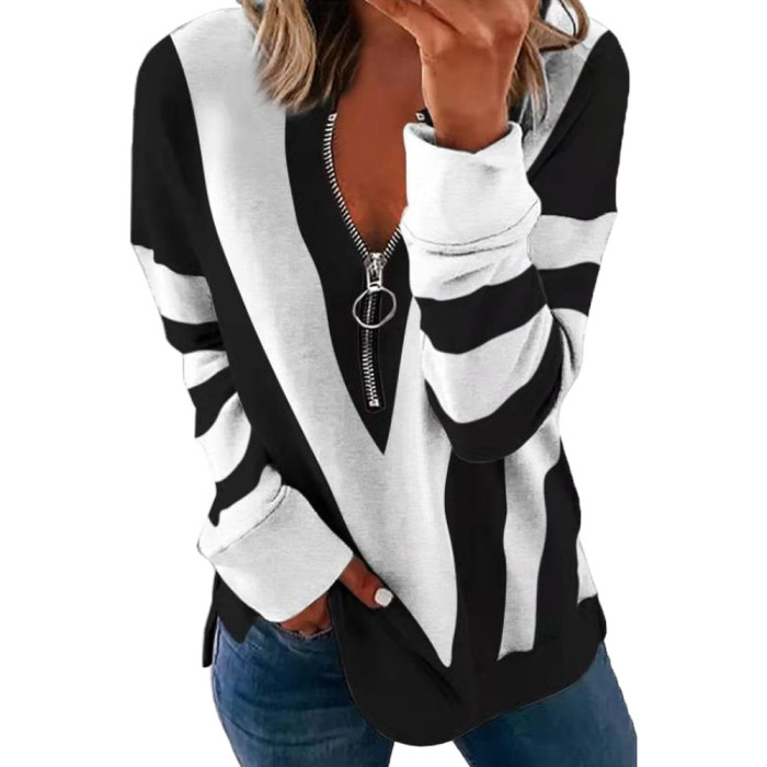 Women Striped V-Neck Long Sleeve Sweatshirts