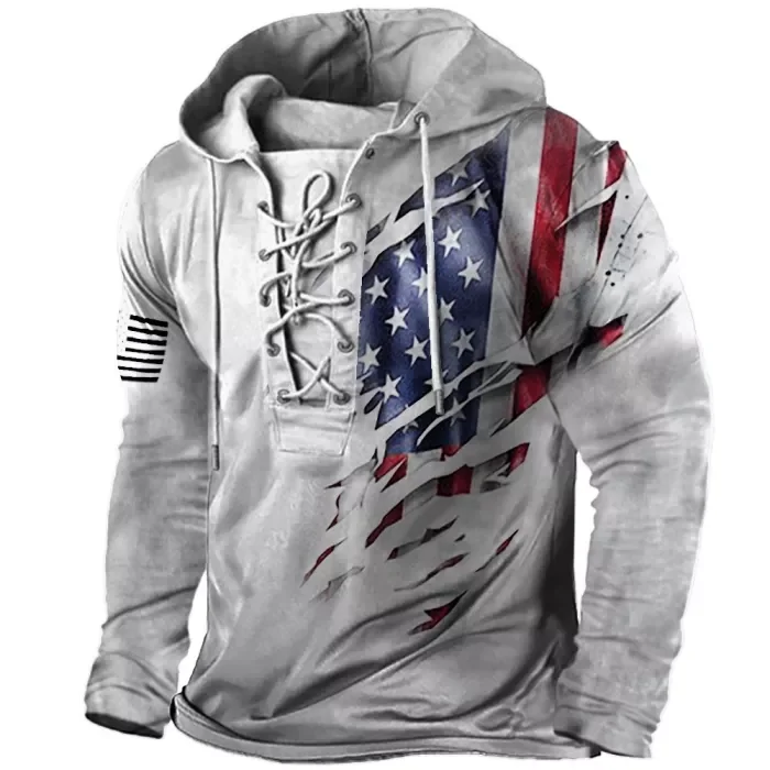 Men's Vintage  Flag Print Lace-Up Hooded Long Sleeve T-Shirt