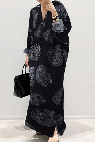 Fashion Cotton Long Sleeve Lapel Print Loose Irregular  Maxi Dress