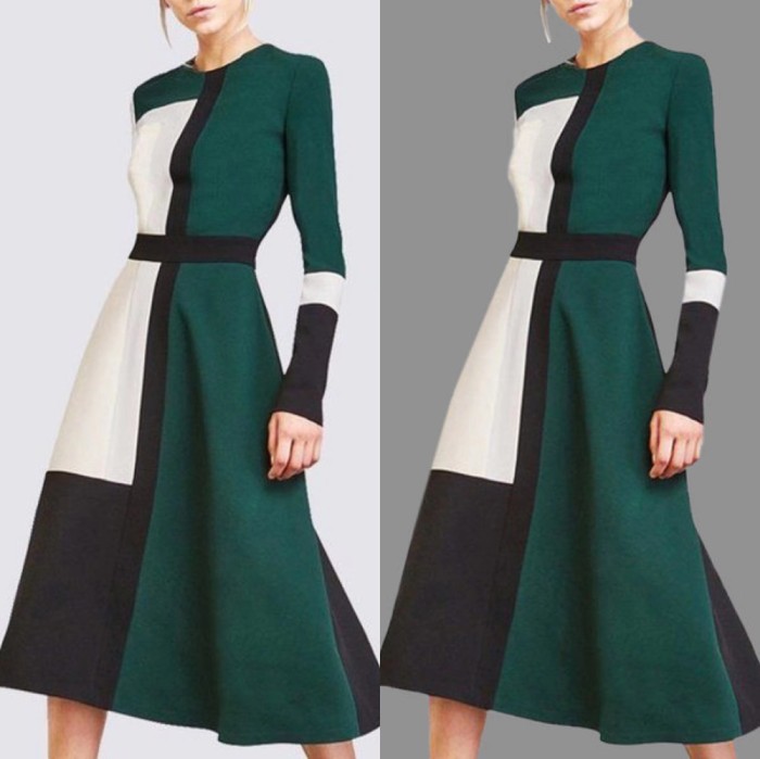 Women Fashion Splice Long-sleeve A-line Maxi Dresses