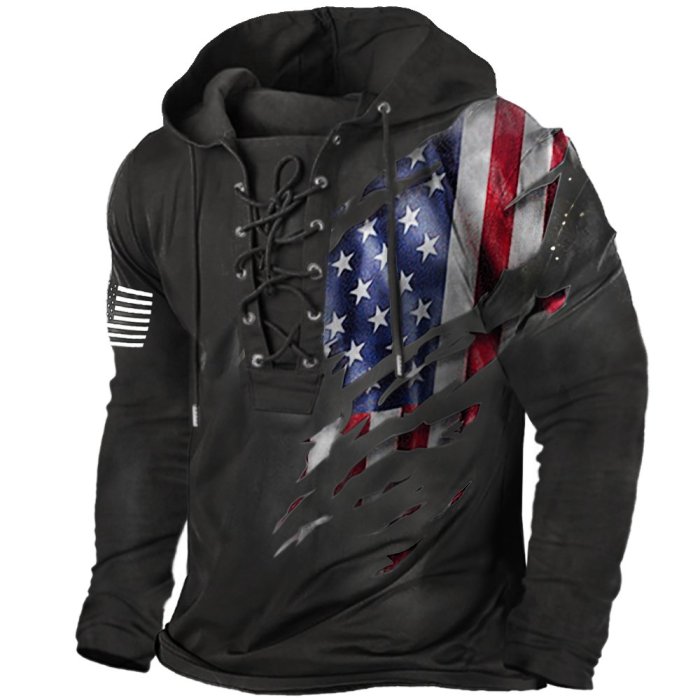 Men's Vintage  Flag Print Lace-Up Hooded Long Sleeve T-Shirt