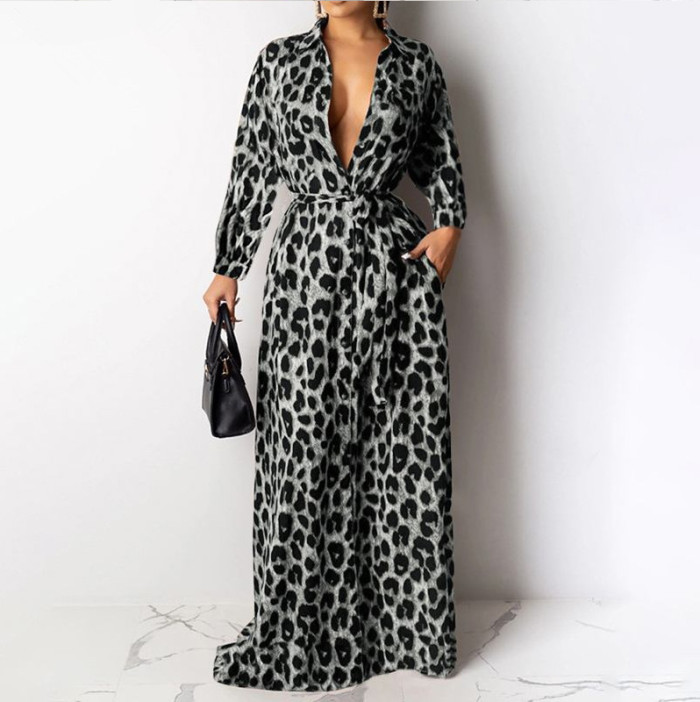 Elegant Leopard Print Fashion Bohemian Lapel Swing  Maxi Dress