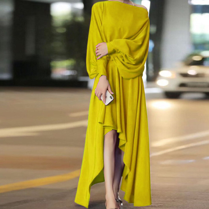 Women Elegant Long Sleeve Slash Neck Irregular Maxi Dress