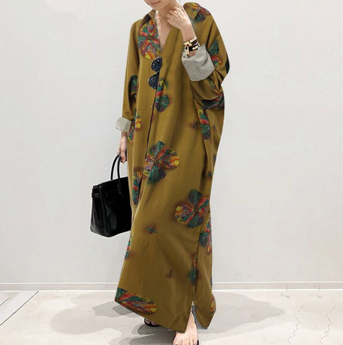 Fashion Print Loose V-neck Irregular  Maxi Dress