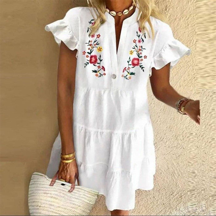 Vintage Floral Print V Neck Tassel Casual Dress